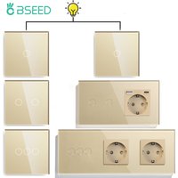 Bseed Touch Light Switch 1/2/3Gang 2Way Wall Socket Type-C USB Port Light Switches For Stairs Glass Panel Blue Backlight 240V
