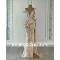 Sparkly Light Champagne Sequins Prom Gowns Beading Mermaid Off Shoulder Evening Party Dresses Pageant Formal Dress Customized