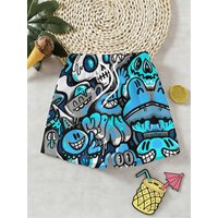 Boys' Hip-hop Style Skull Graffiti Beach Pants, Kids Quick-dry Swim Trunks, Seaside Vacation Water Play Shorts