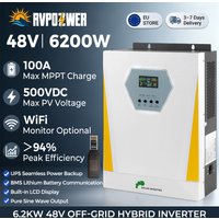 RVPOZWER 6,2 kW 48 V Hybrid-Solarwechselrichter, reine Sinuswelle, 100 A MPPT, WiFi, BMS, Trockenkontakt, PV 500 VDC für Heim-, Wohnmobil- und netzunabhängige Systeme
