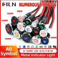 FILN Dash Pilot Light with Wire Symbol LED 12V 24V Metal Indicator 8/10/12/14/16mm Indicator LightCar Dashboard Ruck Machinery