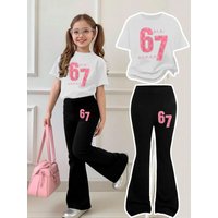 Girls Aged 4-12 Years Old, Sweet and Cool Pink Star 67 Alphanumeric Short-Sleeved Bell-Bottom Pants Set, Short-Sleeved Printed Pink Star Texture, Versatile Clothing with the Text "67 Six Seven"