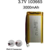 3,7 V, model 103665, bateria litowo-polimerowa o pojemności 3000 mAh, przeznaczona do urządzeń kosmetycznych, małych sprzętów AGD, oświetlenia LED i rejestratorów jazdy. Produkt w 100% oryginalny.