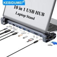 KEBIDUMEI 10 in 1 USB3.0 HUB Type-C Foldable Laptop Stand Base PD 100W 4K HDTV SD TF Reader 100Mbps LAN Extender Docking Station