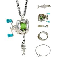 Men Women Mini Fishing Reel Jewelry Set Line Wheel Pendant Necklace Fashion Sporty Outdoor Fishing Jewelry Gift for Anglers