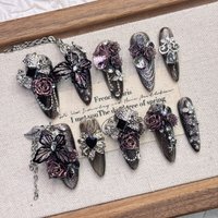 Nocturne Butterfly Dark Gothic Rose Press On Nails Extra Long Stiletto Black-Purple Gradient 3D Butterfly Rhinestone Metal Chai