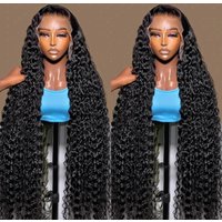 13x6 Deep Wave Lace Front Wig Brazilian Water Wave 200Density Curly HD Transparent Lace Frontal Human Hair Wig PrePlucked 38Inch