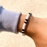KunJoe Fashion White/Black Flat Polymer Clay Short Bracelet for Men Women Jewelry Punk Beaded Chain Bangles Aaccessories New
