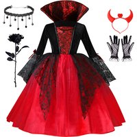 Kinder Mädchen Vampir-Teufel Cosplay-Kleid Komplettset mit Accessoires Halloween-Themenparty-Kostüm Feiertagsgeschenk für Mädchen