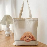 A Cute plush dog face design print canvas tote bag, suitable for daily use, shopping, school, and travel