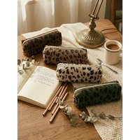 1pc Leopard Print Corduroy Pencil Case Nylon Zipper Stationery Organizer Makeup Travel Bag Back To School Gift For Teen Girls