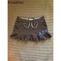Kimotimo Y2k Letter Embroidery Sport Mini Skirt Women American Retro Drawstring Waist Casual Ruffle A-line Skirts Sweet Faldas