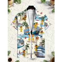 Men's Hawaiian Shirt Funny Duck Print Cruise Ship Palm Tree 3D Short Sleeve Casual Button Down Beach Aloha