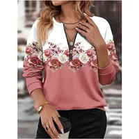 Plus Size 1XL-5XL New Women Fashion Pullover Top Women's Floral Print Zippered Casual Sports Pullover Top