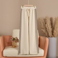 Autumn and winter bright silk color blocked pure wool pants for women's outerwear, knitted wide leg pants, casual pants