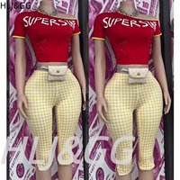 HLJ&GG Trend Y2K Plaid Print Skinny Shorts Two Piece Sets Women One Shoulder Slim Crop Top And Shorts Outfit Fashion Streetwear