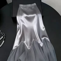 Silver Satin Mermaid Skirt with Tulle Ruffle Hem Floor Length Slim Fit Formal Evening Skirt for Women