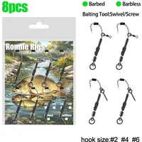 8pcs Ronnie Rigs with Screw/Swivels - Barbed/Barbless Curved Hooks, High Carbon Hooks for Carp Fishing with Hair Rigs
