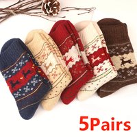 5 Pairs Thickened Wool Socks Elk Deer Print Patterned Mid Tube Women Men Warm Comfy Christmas Socks