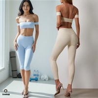 2PCS Pad Women Off Shoulder Yoga Set Sport Bra Crop Top High Waist Calf Leggings Gym Shorts Workout Pant ActiveWear Clothes XP25