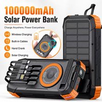 Solar Power Bank, Portable Charger, 100000mAh Battery Pack, Wireless Charging, Built-in Cables, LED Flashlight, Outdoor Camping