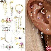 Aide 925 Sterling Silver Geometric Colors Zircon Piercing Earrings For Women Agate Amethyst Threaded Puncture Ear Bone Ins Gift