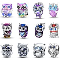 925 Sterling Silver Fashion Purple Owl Charms Beads Owl Safety Chain Fit Qikaola Original Bracelets DIY Graduation Jewelry Gifts