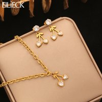 EILIECK 316L Stainless Steel Heart-shaped Cherry Zircon Necklace Earrings Set For Women New Trendy Waterproof Jewelry Lady Gift