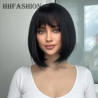 HHFASHION Exquisite Short Wave Bob Synthetic Wig with Bangs 12 Inch Straight Cosplay Party Hair for Ladies Daily Use