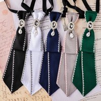 Hand Made Green Ribbon Tie Crystal Rhinestone Pearl Men Shirts British Girl Boys Neck Ties School Uniform Black Women Necktie