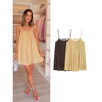 TFMLN Women Round Neck Pleated Sling Dresses Summer New Sleeveless Loose Fit Backless Solid Dress Fashion Holiday Casual Clothes