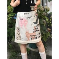 Y2k Aesthetics 2026 Summer Garfiti Printed Short Skirt Women's Sweet Waist Patch Lace A-line Skirt Harajuku