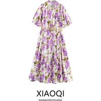 Floral Print Midi Dress with Belt Spring Summer New Style Women's Clothing Commute Style Short Sleeve Turn-down Collar A-line