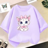 Girls Cotton Cute Cat/dog Graphic T shirt Summer Fashion Vintage Personality Kawaii Purple clothes Short Sleeve Tops