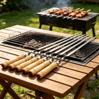 Long Handle BBQ Skewers 55cm Shish Kebab Barbecue Grill Sticks Stainless Steel Wood BBQ Fork Outdoor Daily Cooking Accessories