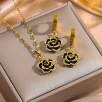 Luxury Romantic Black Rose Necklace Earrings For Women 18K Gold Plated Stainless Steel Jewelry Set Female Neck Chain Accessories