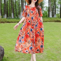 New Casual 2025 Women summer Dress Floral Print short Sleeve Vestidos Elegant Vintage O-Neck Plus size Dresses