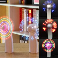 Mini Electric Fan with Colorful Flashing Words Portable Toy LED handheld flash fan Party luminous props and decorations