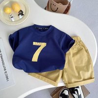 Infant Boys Two Piece Daily Clothes Set Vintage Stitched Applique Short Sleeve Top Elastic Waist Yellow Casual Shorts Suit