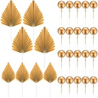 28 Pcs Gold Balls Cake Toppers Gold Palm Leaves Cake Decorations Insert Decorations for Birthday Baby Shower Wedding Party Decor