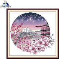 Joy Sunday Cross Stitch Kit Cherry Blossoms and Mount Fuji Printed Counted Fabric 16/14/11CT DIY Embroidery Kit Japanese-style