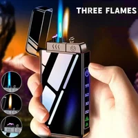 3-in-1 Metal Lighter, USB Rechargeable Dual Plasma Arc & Butane Jet Torch Flame, Windproof Cigar Lighter, Creative Gift for Men
