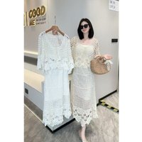 Fashionable Korean Style Hollow out Loose Top Bottom Skirt Two Piece Set Summer 2026 Women's Loose Fit Short Sleeve Midi Dres...