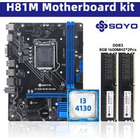 SOYO H81M Gaming Motherboard Set Intel i3-4130 Processor and DDR3 16GB 1600mhz RAM M.2 NVME PCIEx16 HDMI VGA Interface LGA 1150