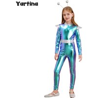Girls Astronaut Alien Outer Space Carnival Cosplay Costume Long Sleeve Full Length Alien Robot Jumpsuit with Alien Hair Hoop