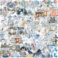 50/100 PCS Cartoon Winter Watercolor Stationery Reward Sticker Pack Waterproof Transparent PET Decorative Guitar Notebook