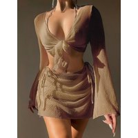 4 Piece Halter Bikinis Set 2026 Mesh Cover Up Swimwear Female Long Sleeve Solid Swimsuit Women Bathing Swimming Suit Beachwear