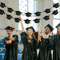 Black & Gold Glitter Graduation Cap Banner, Pre-Strung Garland for Graduation Party