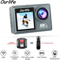 Ourlife 5K Action Kamera 4K60FPS IPS Touch LCD DVR EIS 170 ° 30 m wasserdichte 5-fach-Zoom-Sportkamera mit kabellosem Mikrofon und Fernbedienung