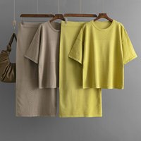 Elegant Two-piece Set Summer New Fashion Hollow Short-sleeved Knitted Tops with Pencil Skirts Women Solid Casual Skirts Suit
